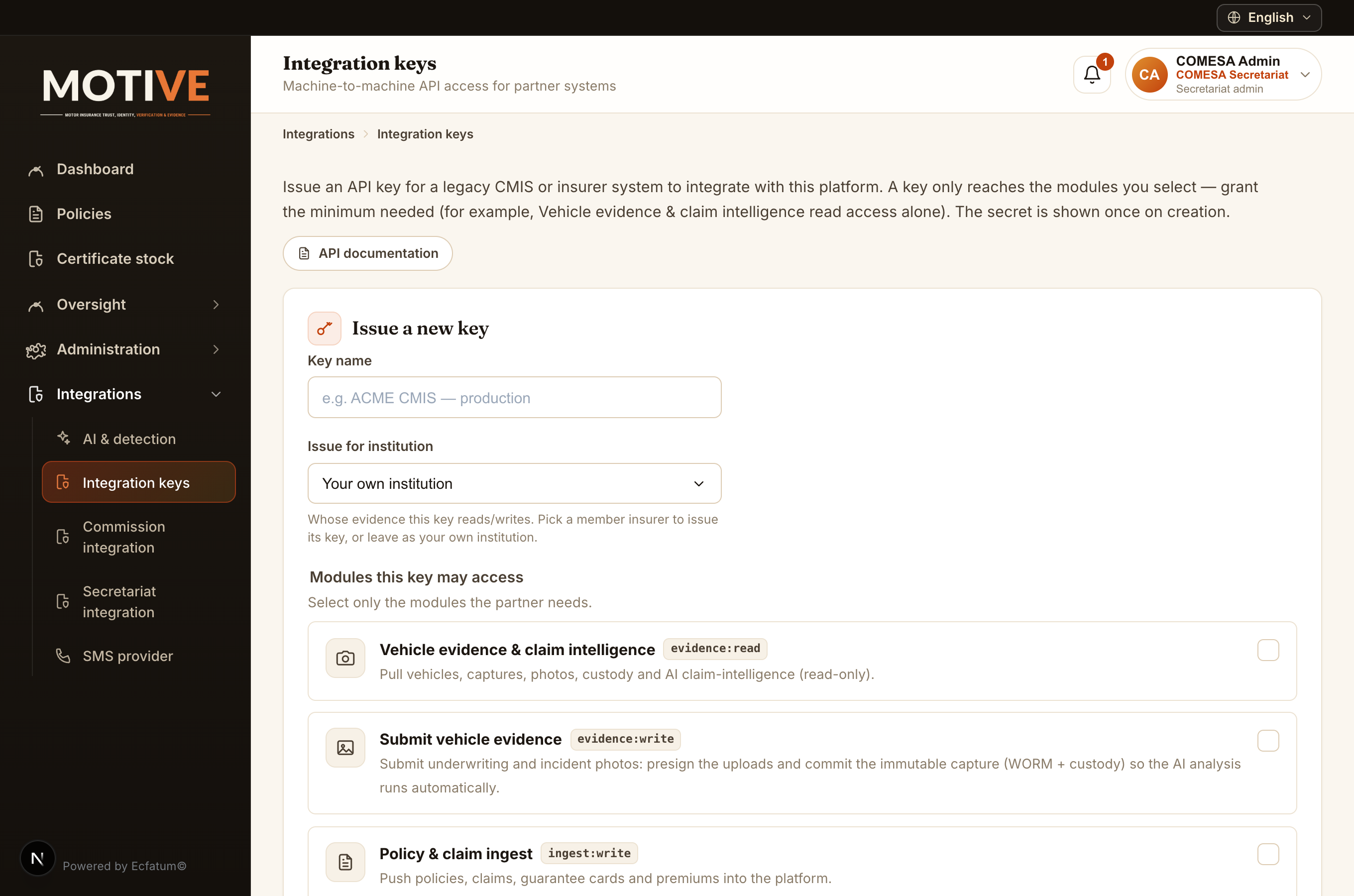 The Integration keys screen for issuing scoped CMIS API keys