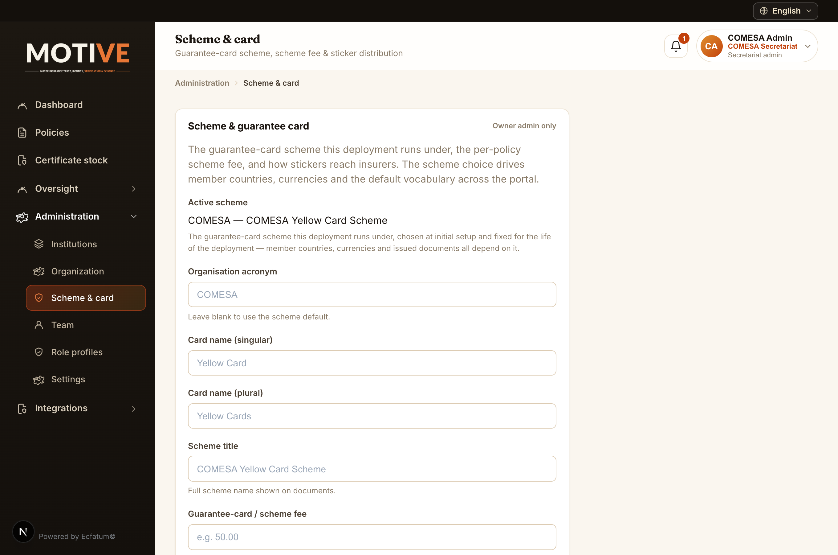 The Scheme & card settings screen
